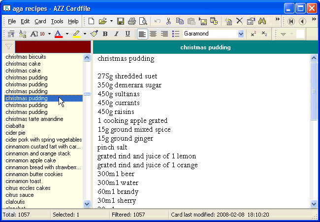 Aga recipe collection on AZZ Cardfile - screenshot