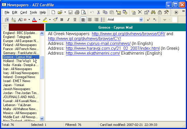 World Newspapers on Azz Cardfile