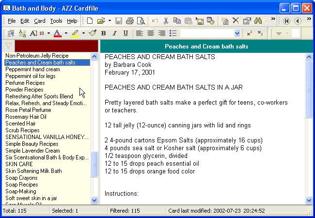 This cardfile contains 115 recipes for bath and body