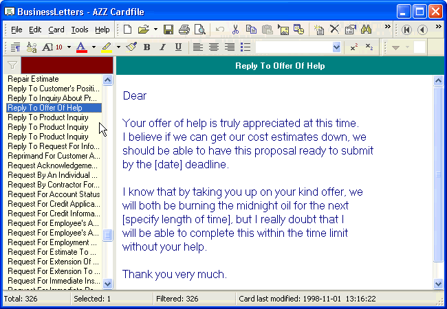 Business letter examples on AZZ Cardfile