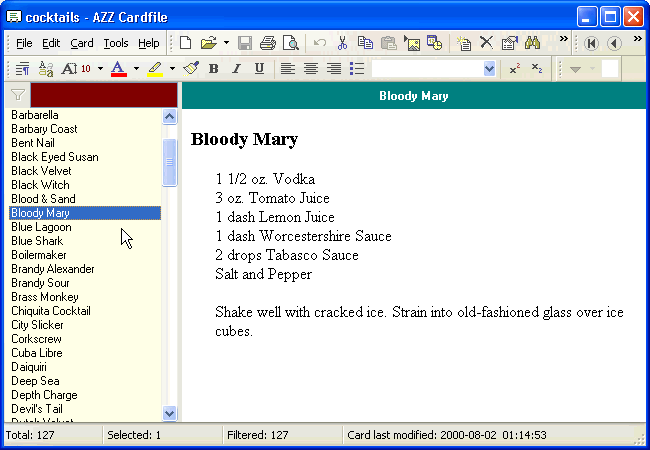 Cocktail recipes on AZZ Cardfile