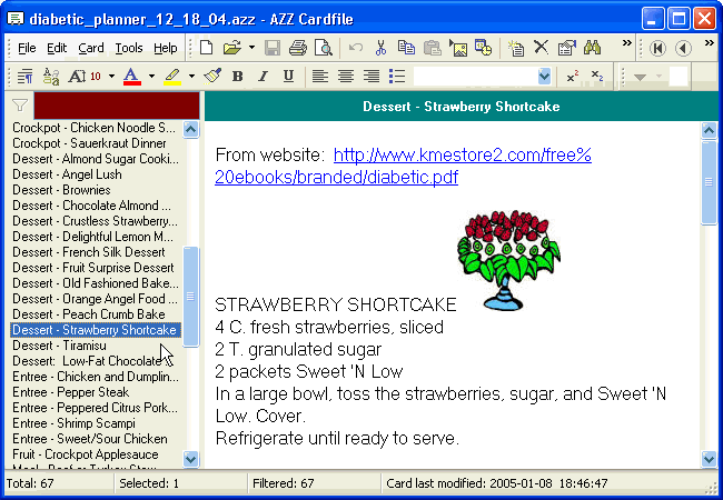 Diabetic recipes, info, diet in AZZ Cardfile format
