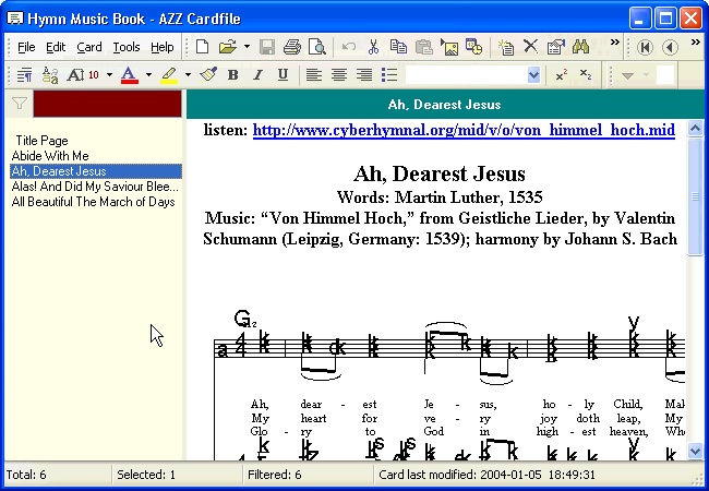 hymn book music on azz cardfile