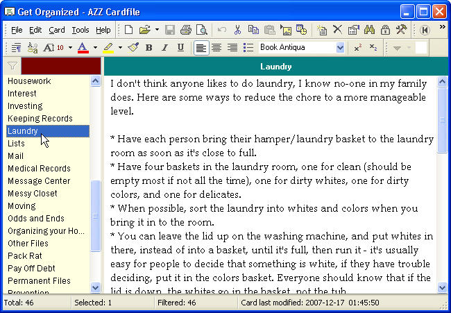 Organizing tips - Azz Cardfile