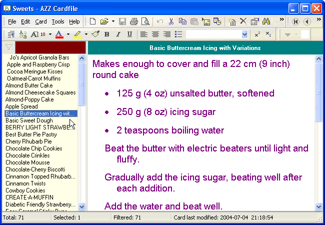 Sweets recipes on azz cardfile