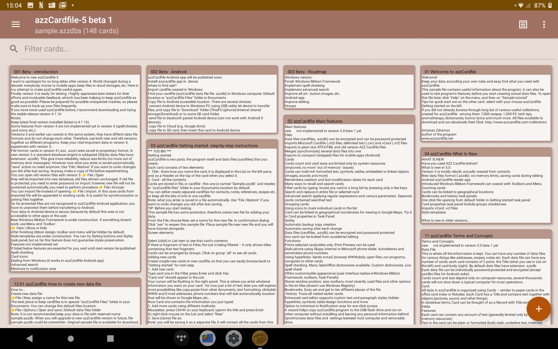 Tablet (Lenovo TB-X6.., Android 9)<br/> Normal theme. Full size cards. Tiny text size
